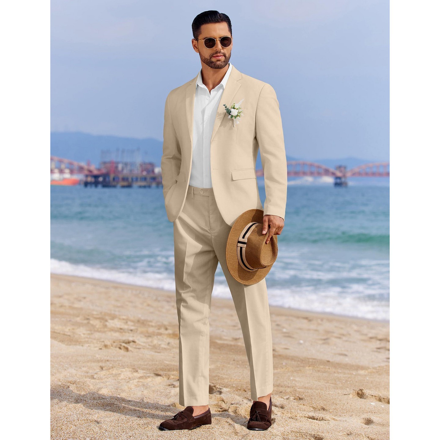 Мужские комплекты COOFANDY 2 Piece Linen Suits Set Regular Fit Casual Linen Lightweight Suit Summer Beach Wedding Khaki, цвет: Хаки — фото 2