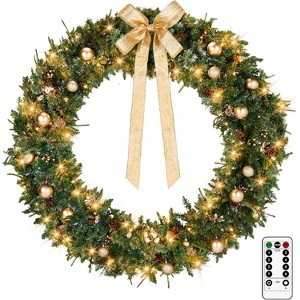 VINGLI 60" Pre-Lit Christmas Wreath, Outdoor Xmas Wreath w/220 LED Lights, 600 Tips, Bow, Pine Cones & Gold Ornaments - 1 of 4