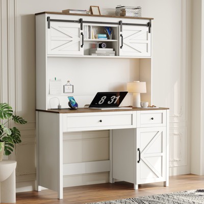 VYNXARIA 47" Rustic White Farmhouse Executive Desk with Drawers & Charging Station - Stylish Home Office Writing Desk