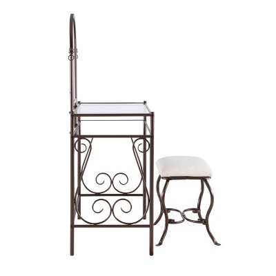 Clarisse 37.8" Traditional Beige and Brown Metal & Glass Vanity Set with Stool