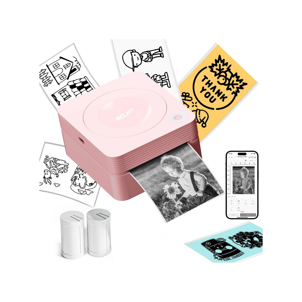 Nelko PM230 Portable Bluetooth Sticker Printer Pink with 2pk 54mmx3.5m White Rolls