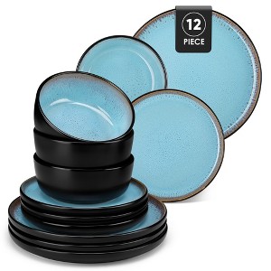 vancasso 12-Piece Black Matte Exterior Blue Kiln-Glazed Set - Curved Edge Ceramic Bowls & Plates - 1 of 4