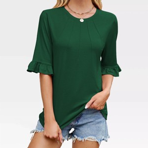 Womens Elbow T-Shirts Flounce Gather Hem Sleeve Solid Round Neck Tops with Front Seam Design Vintage Retro Blouse Everyday Tops - 1 of 4