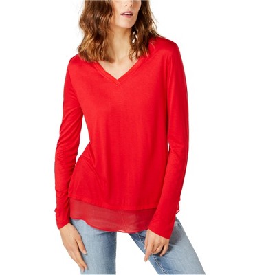 I.N.C International Concepts Womens Sheer trim Basic T-Shirt, Red, Medium
