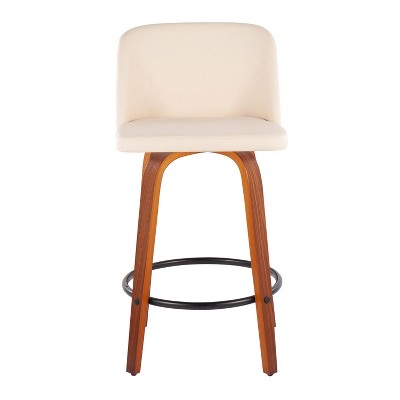Cream Faux Leather Swivel Counter Stools with Walnut Wood and Black Metal Footrest, Set of 2