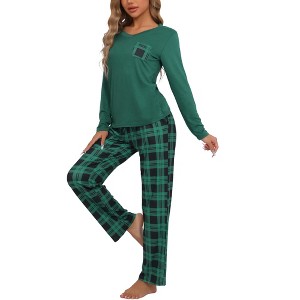 cheibear Women's Long Sleeve Plaid Pattern Top with Pockets with Pants Pajamas Set - 1 of 4