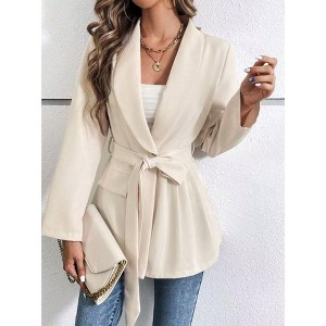 Women's Casual Blazers Long Sleeve Open Front Suit Work Office Blazers Jacket with Wrap-Belted - 1 of 4