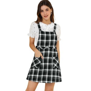 Allegra K Women's Plaid Tartan Button Decor A-Line Pinafore Overall Dress - 1 of 4