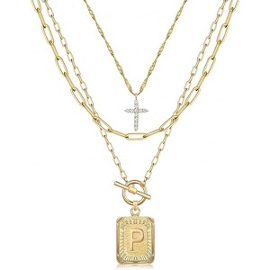 Layered Initial Necklace: 14K Gold Plated with Cross & Letter Pendant, Paperclip Chain, Trendy Jewelry for Women - 1 of 4
