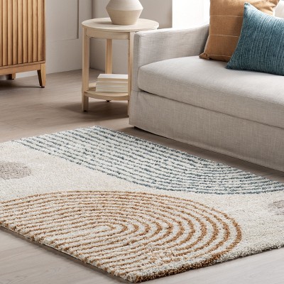 Grecia Beige and Blue Abstract 4' x 6' Shag Area Rug