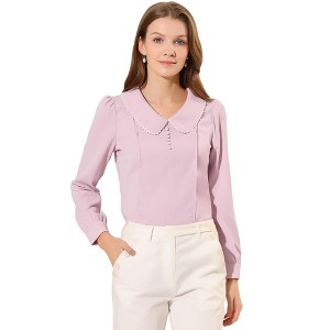 INSPIRE CHIC Women's Peter Pan Collar Crochet Trim Long Sleeve Work Office Blouse - 1 of 4