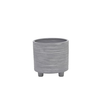 Gray Ceramic Footed Planter Set with Line Pattern, 8"
