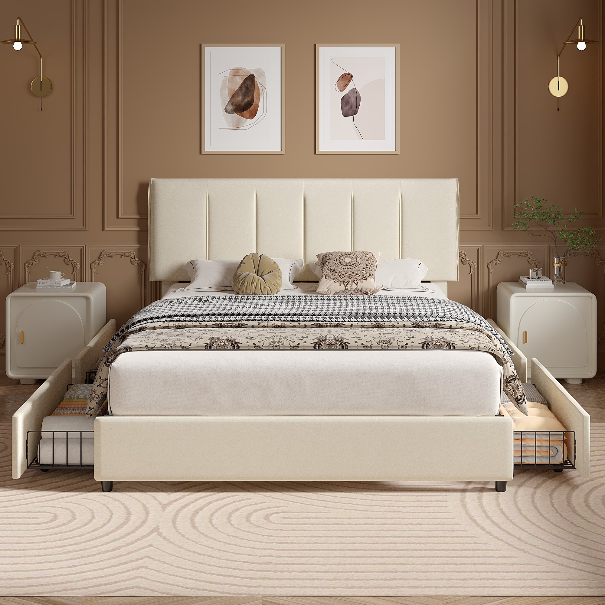 VECELO Queen Size Upholstered Bed Frame with 4 Storage Drawers and Adjustable Velvet Headboard, Beige