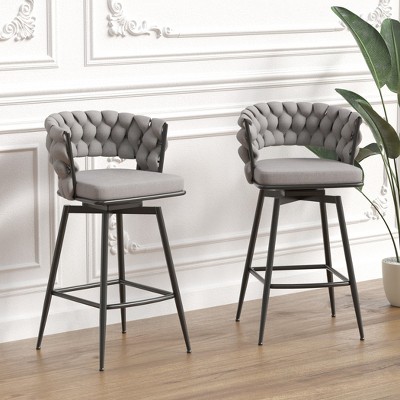Leather Woven Bar Stool Set of 2, Legs Barstools, No Adjustable Kitchen Island Chairs, 360° Upholstered Counter Stool, Arm Chairs
