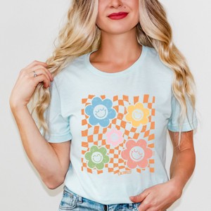 Simply Sage Market S.W.Smiley Checkered Flowers And Smiley Short Sleeve Tee - XL - Ice Blue - 1 of 4