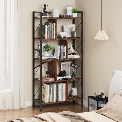 Homhougo 5 Tier Bookshelf with Storage, 61 Inch Tall Industrial Book Shelf with Open Display Bookshelves, 5 Shelf Bookcase with Metal Frame, Brown