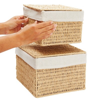 Natural Wicker Rectangular Storage Baskets with Lids and Liners