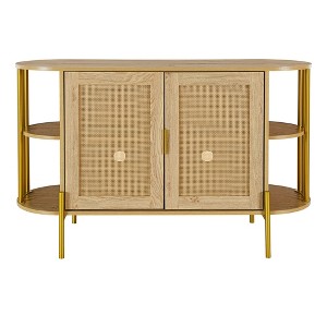 Vynxaria Elegant Curved Decorative Storage Cabinets with Gold Trim and Woven Rattan Doors - Multiple Colors Available - 1 of 4