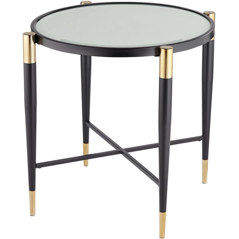Studio 55D Modern Metal Round Accent Side End Table 25" Wide Matte Black Gold Marbleized Glass Tabletop for Living Room Bedroom, 1 of 10