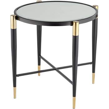 Studio 55D Modern Metal Round Accent Side End Table 25" Wide Matte Black Gold Marbleized Glass Tabletop for Living Room Bedroom