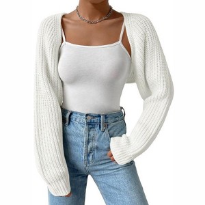 Coolmee Women's Open Front Ribbed Knit Crop Bolero Drop Shoulder Long Sleeve Loose Fit Knitted Crop Cardigan Shrug Milk White L - 1 of 4
