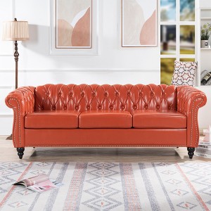 84.65" Chesterfield Sofa,Couch Upholstered Sofa Rolled Arm Sofa with Wood Legs for Living Room - 1 of 4