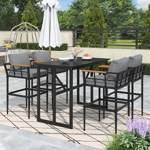 Iron Outdoor Dinner Set with Acacia Wood Handrails for Patio, Balcony or Backyard,Black - ModernLuxe - 1 of 4