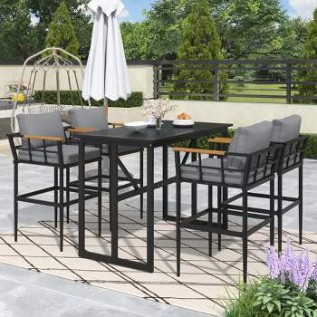 Steel Outdoor Dinner Set with Acacia Wood Handrails for Patio, Balcony or Backyard,Black - ModernLuxe