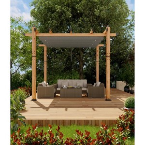 10x10 Ft Outdoor Pergola with Retractable Canopy - Upgraded Aluminum Wood Grain Metal, Modern Backyard Deck, Porch, Durable & Stylish Grape Trellis - 1 of 4