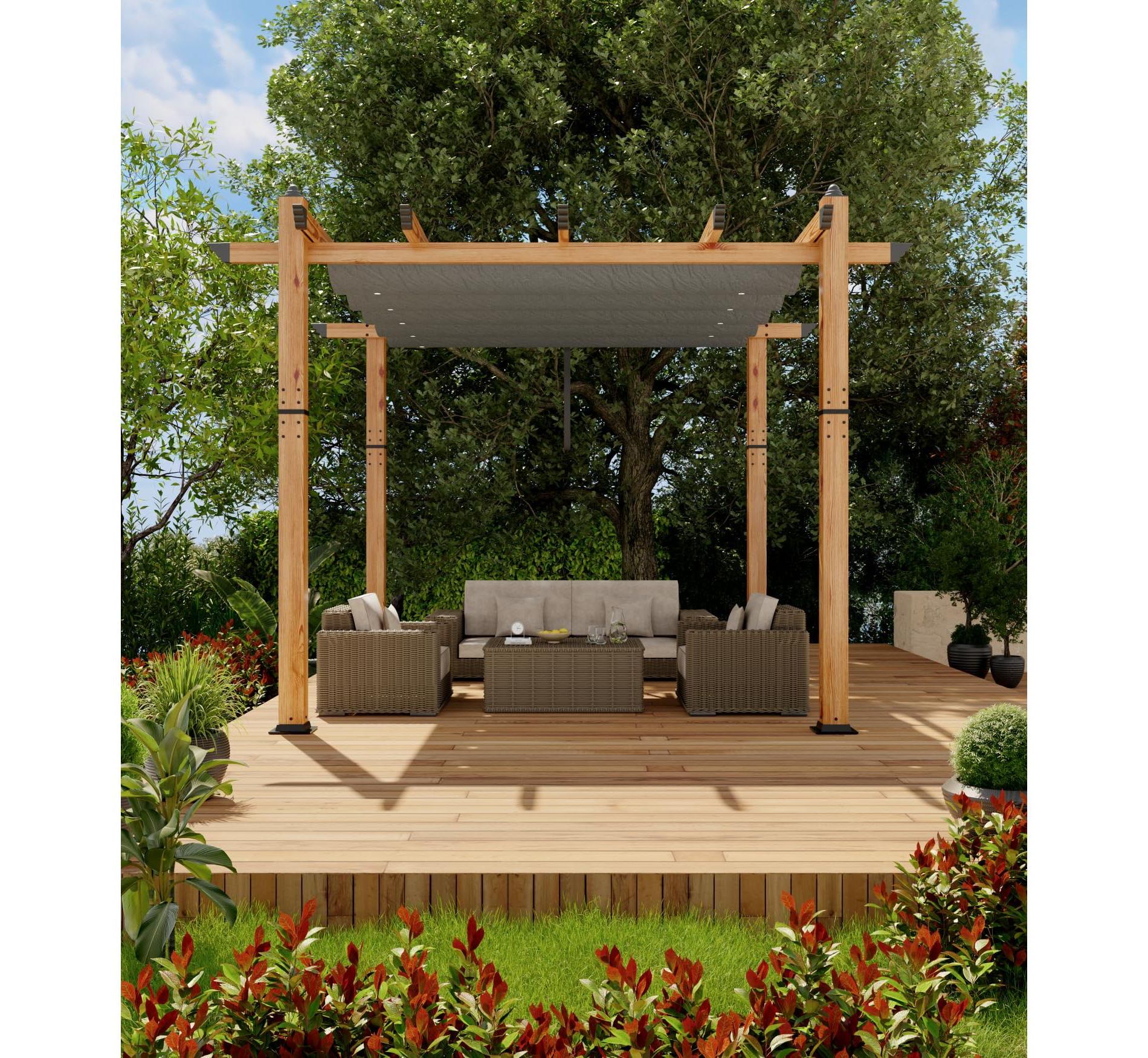 10x10 Ft Outdoor Pergola with Retractable Canopy - Upgraded Aluminum Wood Grain Metal, Modern Backyard Deck, Porch, Durable & Stylish Grape Trellis