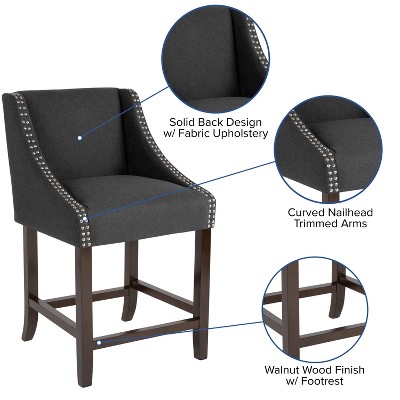 Charcoal Fabric and Wood Counter Height Stools with Nail Trim, Set of 2