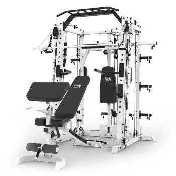 Marcy SM-7409 Smith Machine Cage Multi Purpose Home Gym Training System w/ Pull Up Bar & Landmine Station for Strength Training, Cardio, & More, White