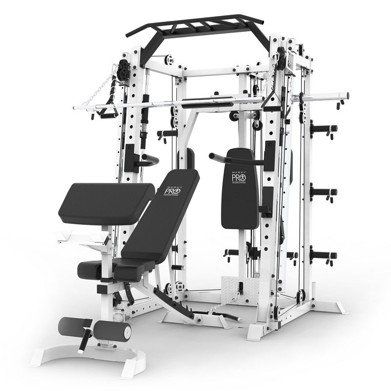 Marcy SM-7409 Smith Machine Cage Multi Purpose Home Gym Training System w/ Pull Up Bar & Landmine Station for Strength Training, Cardio, & More, White, 1 of 7