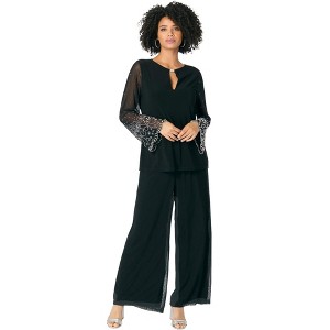 Roaman's Women's Plus Size Mesh Overlay Embellished Top - 1 of 4