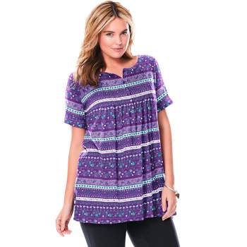 Woman Within Women's Plus Size Short-Sleeve Pintucked Henley Tunic