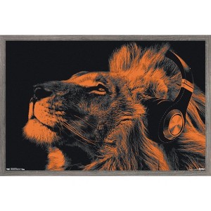 Trends International Lion With Headphones Framed Wall Poster Prints - 1 of 4