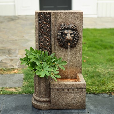 Sandstone Resin Lion Head Outdoor Water Fountain with Lights
