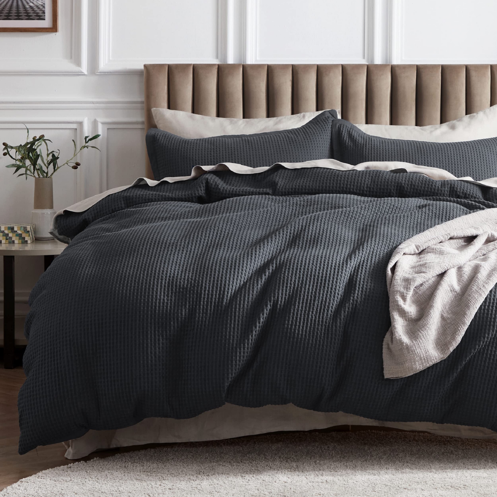 Bedsure Charcoal Queen 3 Piece Cotton Duvet Cover Set 100% Cotton Waffle Weave Breathable All Season OEKO TEX Certified Mother's Day Gift