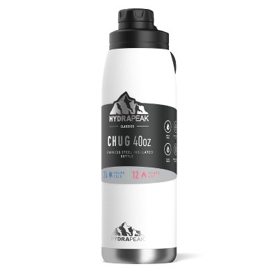 Hydrapeak 40oz Stainless Steel Double Walled Vacuum Insulated Water Bottle With Spill Proof Chug Lid (White)