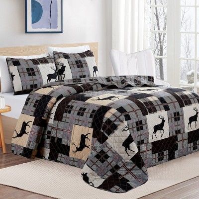 Twin Gray Microfiber Reversible Lodge Quilt Set