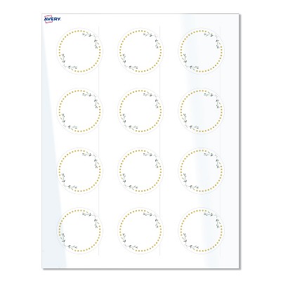 Avery Labels, 2" Diameter, Glossy White, Green Florals w/ Gold Dots, 120ct