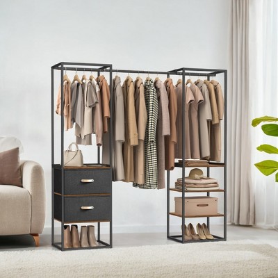 Freestanding Closet Heavy Duty Garment Rack 70.9 Inch Clothes Rack with 1 Extendable Hanging Rod, 2 Drawers, and 4 Shelves, Rustic Brown