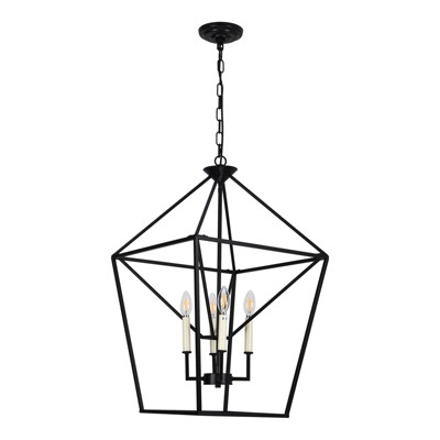 PAKOKULA Modern 4-Light Matte Black Industrial Candlestick Chandelier with Geometric Metal Shade