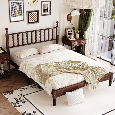 Queen Size Wood Platform Bed, Bed with Gourd-Shaped Retro Headboard and Natural Wood Finish Frame, Wooden Slat Support-Baofuwish