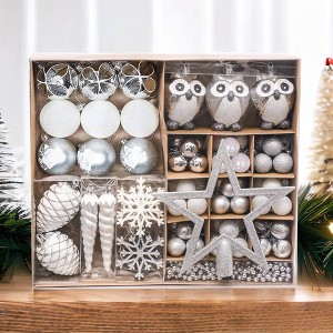 90pc Winter Woodlands Large White and Silver Ornament Set. Glittery Snow Owls, Cones, Snowflakes, and Stalactites| OrnamentallyYou - 1 of 4