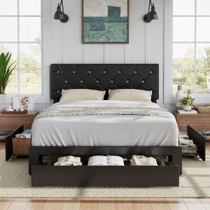 VECELO Queen/Full/Twin Upholstered Platform Bed Frame with Button Tufted Adjustable Headboard - 1 of 4