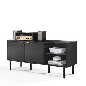 Crosley 54" Brody Record Storage Sideboard Black: Oak Wood Grain, Brass Handles, Cable Management - 1 of 4