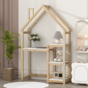 Wooden Freestanding Storage Bookshelf,House-Shaped Kids Study Desk with Open Storage Shelf,Organizer for Books Display Bedroom-Baofuwish - 1 of 4