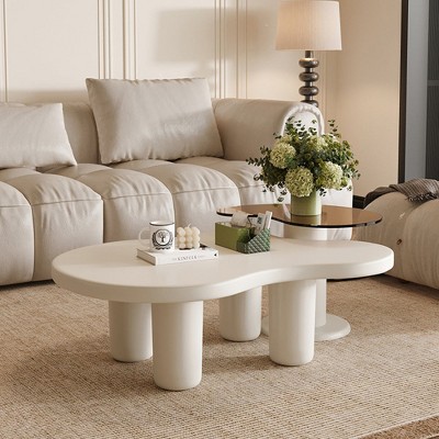 Chic Crate - White/Cream Nesting Coffee Tables Set of 2, 2 in 1 Modern Irregular Glass Top End Table, Easy Living Room Assembly