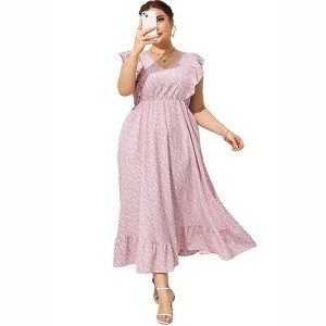 Coolmee Women's Plus Size Summer Boho Dress Ruffle Cap Sleeveless V Neck Long Beach Maxi Dress - 1 of 4